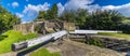 A panorama view across lock gates on the Five Locks network on the Leeds, Liverpool canal at Bingley, Yorkshire, UK Royalty Free Stock Photo