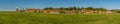 A panorama view across the marshes of the village of Cley, Norfolk, UK