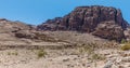 A panorama view across the valley towards the Great Temple and western cliffs in the ancient city of Petra, Jordan Royalty Free Stock Photo
