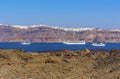 A panorama view across the volcanic island of Nea Kameni, Santorini with the Thira and the caldera in the background Royalty Free Stock Photo