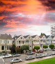 Panorama view of Alamo Square at sunset. During twilight time Royalty Free Stock Photo