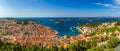 Panorama view at amazing archipelago in front of town Hvar, Croatia. Harbor of old Adriatic island town Hvar. Amazing Hvar city on Royalty Free Stock Photo