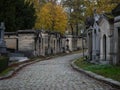 Panorama view of ancient historic old tombstone alley graveyard Pere Lachaise garden cemetery necropolis in Paris France Royalty Free Stock Photo