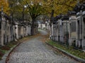 Panorama view of ancient historic old tombstone alley graveyard Pere Lachaise garden cemetery necropolis in Paris France Royalty Free Stock Photo