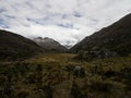 Panorama view of andean mountain landscape valley near Laguna 69 Cordillera Blanca Cebollapampa Huaraz Ancash Peru