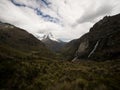 Panorama view of andean mountain landscape valley near Laguna 69 Cordillera Blanca Cebollapampa Huaraz Ancash Peru