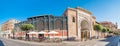 Panorama view of the Arabic marble arch, entrance of the Atarazanas food market in the historic centre Royalty Free Stock Photo