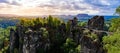 Panorama view on the Bastei bridge. Bastei is famous for the beautiful rock formation in Saxon Switzerland National Park, near Royalty Free Stock Photo