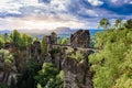 Panorama view on the Bastei bridge. Bastei is famous for the beautiful rock formation in Saxon Switzerland National Park, near Royalty Free Stock Photo