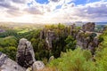 Panorama view on the Bastei bridge. Bastei is famous for the beautiful rock formation in Saxon Switzerland National Park, near Royalty Free Stock Photo