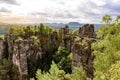 Panorama view on the Bastei bridge. Bastei is famous for the beautiful rock formation in Saxon Switzerland National Park, near Royalty Free Stock Photo