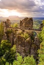 Panorama view on the Bastei bridge. Bastei is famous for the beautiful rock formation in Saxon Switzerland National Park, near Royalty Free Stock Photo