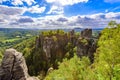 Panorama view on the Bastei bridge. Bastei is famous for the beautiful rock formation in Saxon Switzerland National Park, near Royalty Free Stock Photo