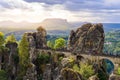 Panorama view on the Bastei bridge. Bastei is famous for the beautiful rock formation in Saxon Switzerland National Park, near Royalty Free Stock Photo