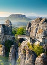 Panorama view of the Bastei. The Bastei is a famous rock formation in Saxon Switzerland National Park, Germany Royalty Free Stock Photo