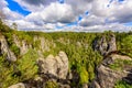 Panorama view on the beautiful rock formation of Bastei in Saxon Switzerland National Park, near Dresden and Rathen - Germany. Royalty Free Stock Photo