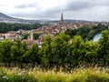 Panorama view of Berne old town from mountain top in rose garden, rosengarten, Berne Canton, Capital of Switzerland, Europe