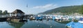Panorama view of the boat school and harbor on Lake Biel in Switzerland Royalty Free Stock Photo