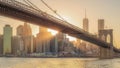 The panorama view of Brooklyn Bridge with Lower Manhattan at sun