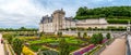 Panorama view at Castle Villandry with colorful garden.