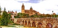 Panorama view on Cathedral and roman bridge. Salamanca, Spain.