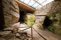 Panorama view of central room in ancient pagan cave temple with figures of tree, woman and deer carved in stone, symbols of life