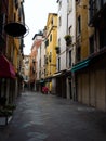 Panorama view of charming picturesque historic colourful house facades in empty streets of Venice Venezia Veneto Italy Royalty Free Stock Photo