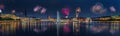 Panorama view of citycenter from Alster Lake,view to Hamburg Rathaus and fountain in the center of the lake with fireworks. Festiv Royalty Free Stock Photo