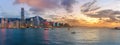 Panorama view of Cityscape and skyline at Victoria Harbour at sunset time.