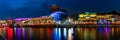 Panorama view of Clarke Quay riverside at night in Singapore waterfront skyline. Clarke Quay is popular attraction for traveler in