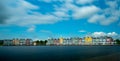 Panorama view of the colorful rainbow houses and lake in Houten