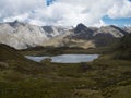 Panorama view of Cordillera Huayhuash Circuit andes alpine mountain lake Laguna Carnicero Ancash Peru South America