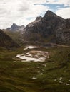 Panorama view of Cordillera Huayhuash Circuit andes alpine mountain lake Laguna Pucacocha Ancash Peru South America