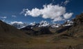 Panorama view of Cordillera Huayhuash Circuit valley andes alpine mountain range Ancash Huanuco Peru South America