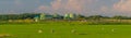 Panorama view of countryside with grazing sheeps and biogas plant. Sheeps grazing on grass field and agricultural factory in the c