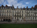 Panorama view of crooked tilted sinking house building facade exterior ancient architecture Quai Turenne Nantes France