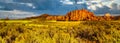 Panorama View of Dark clouds over the Red Sandstone Mountains along the Kolob Terrace Road, Zion National Park, Utah Royalty Free Stock Photo