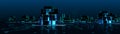Panorama view of Digit tron City Building. Abstract Technology Transformation Cityscape View Background.