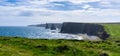 Panorama view of the Duncansby Sea Stacks and wild and rugged coastline of Caithness in the Scottish Highlands