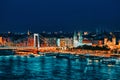 Panorama View on Elisabeth Bridge and Budapest,bridge connecting Buda and Pest parts.Night Time Royalty Free Stock Photo