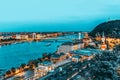 Panorama View on Elisabeth Bridge and Budapest,bridge connecting Buda and Pest parts.Night Time Royalty Free Stock Photo