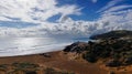 Panorama view of empty beaches and mountainous coast in Murcia under an expressive sky Royalty Free Stock Photo