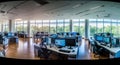Panorama View of an Empty Call Center Operator Workspace. Generative AI Royalty Free Stock Photo