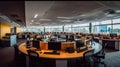 Panorama view of empty call center operator workspace. Generative AI Royalty Free Stock Photo