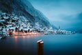 Twilight view of Hallstatt in winter, Salzkammergut, Austria