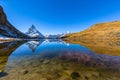 Panorama view of the famous Matterhorn and Swiss Pennine Alps with beautiful reflection in Riffelsee lake