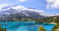 Panorama view of the famous Oeschinensee late summer with alps mountain