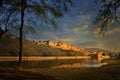 Panorama view of famous Rajasthan indian landmark - Amer Amber fort, Jaipur, India