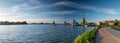 Panorama view of the famous Zaanse Schans mills and of the Dutch wooden houses i. Royalty Free Stock Photo