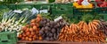 Panorama view of a farmer market stall with many organic vegetables for sale